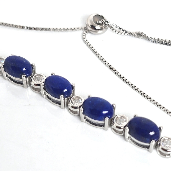 Natural Lapis Lazuli & CZ 925 Sterling Silver Bracelet - Picture 4 of 7